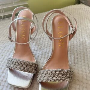 Classic Silver Braided-Strap Ankle Strap Heels